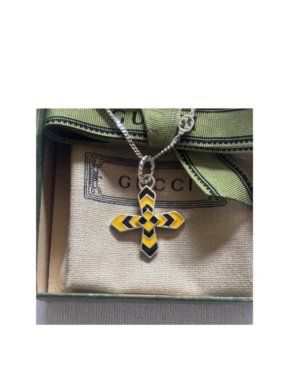 New Full Set Gucci Cross Unisex 925 Silver Blue Enamel Necklace 20